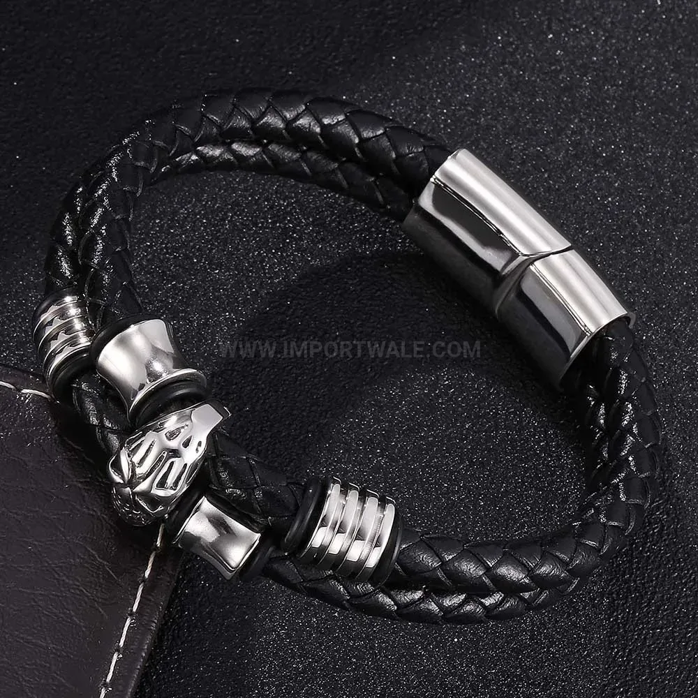 Designer Retro Skull Stainless Steel Accent Woven Leather Cord Bracelet