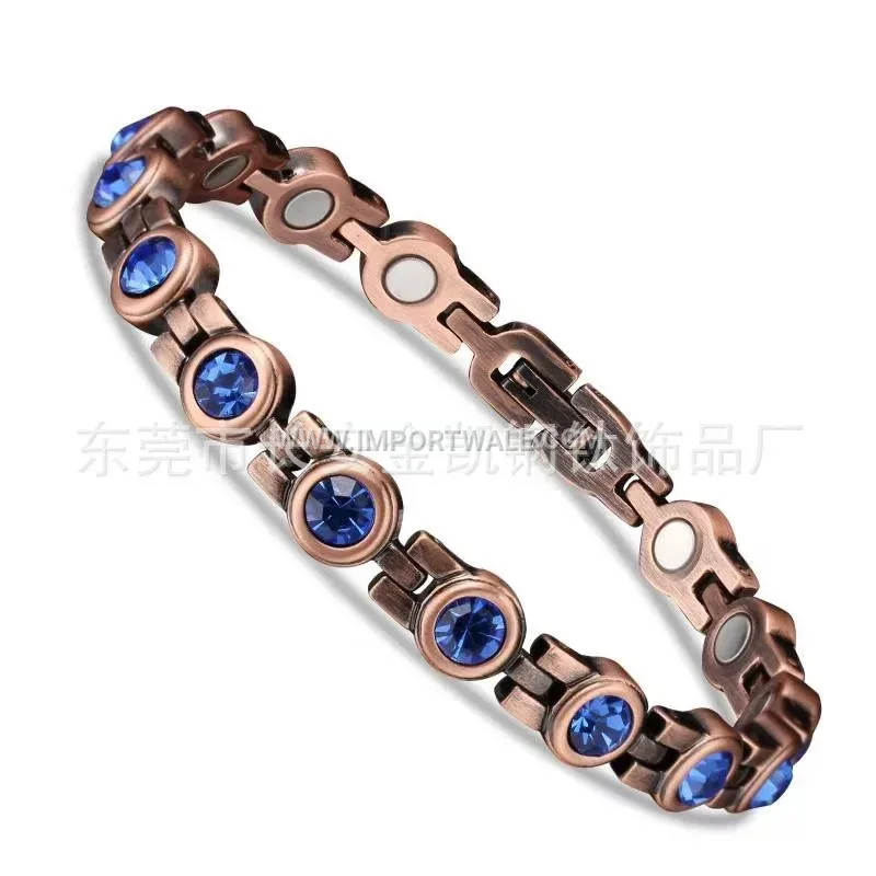 Vintage Geometric Line Copper Magnetic Bracelet with Rhinestone Accents