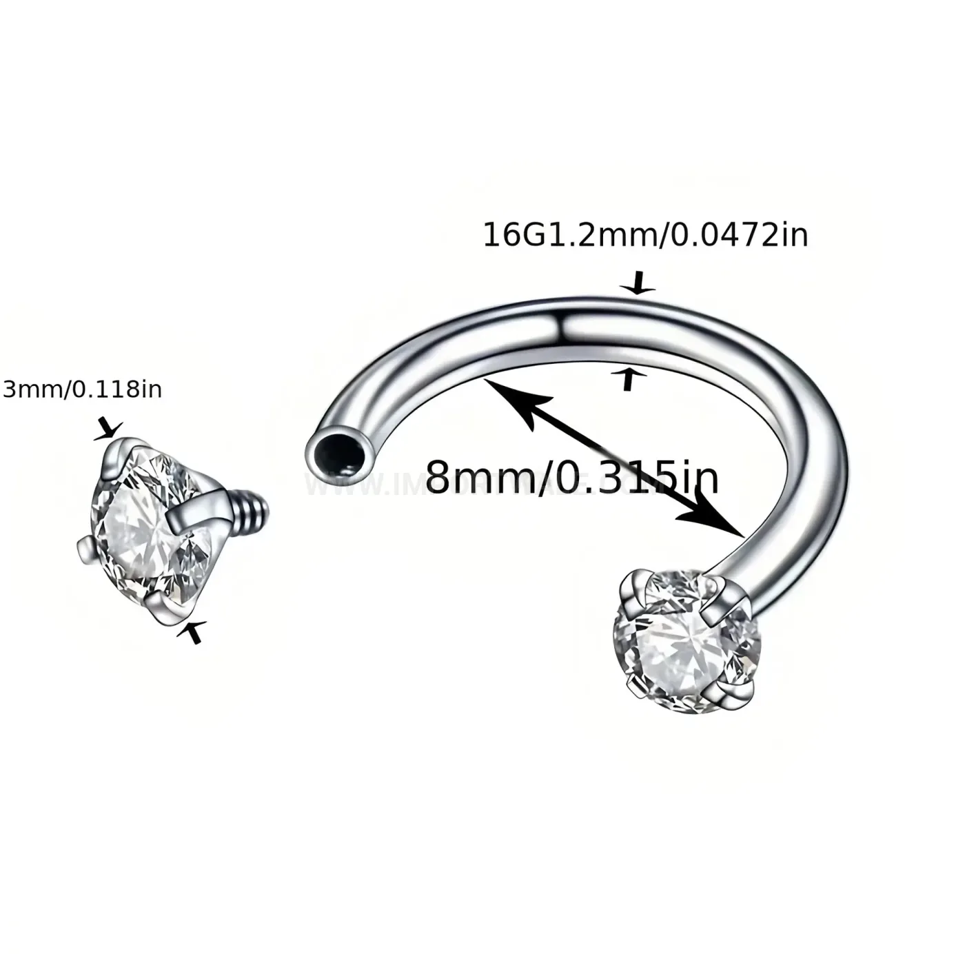 Colorful Zircon Double Studded C Shape Horseshoe Stainless Steel Piercing Ring