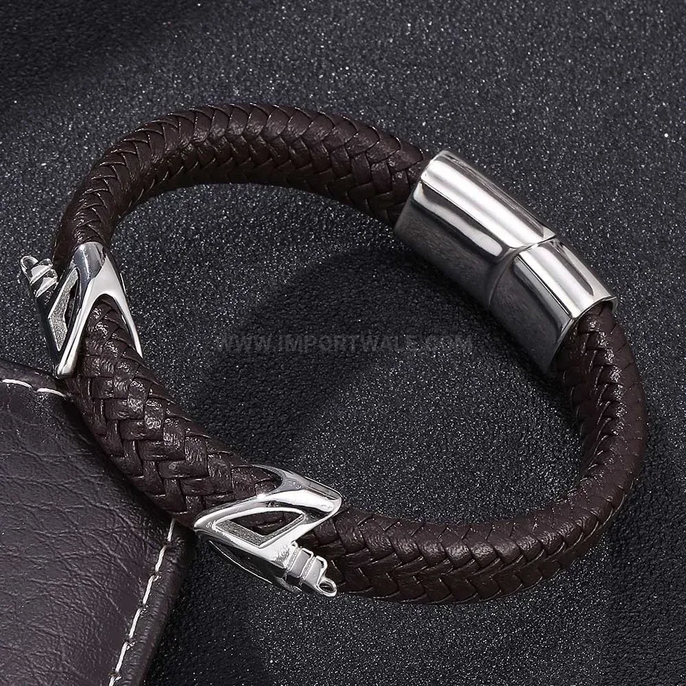 Braided Leather and Stainless Steel Geometric Charm Bracelet for Men