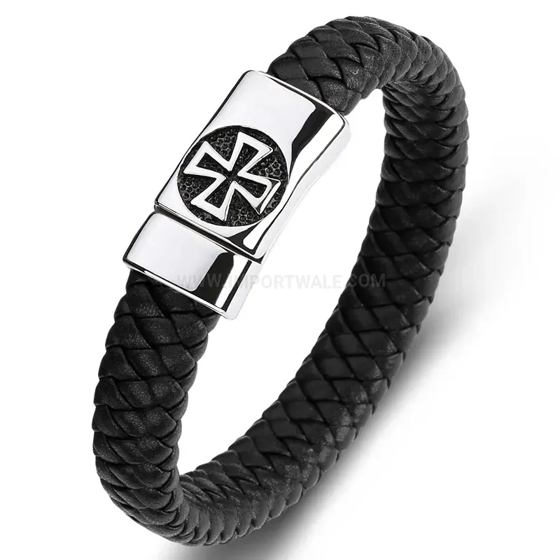 Fashion Stitching Leather Cross Emblem Stainless Steel Men's Bracelet