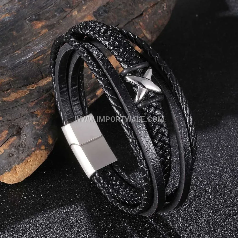 Multi Layer Braided Leather Stainless Steel Magnetic Clasp Bracelet