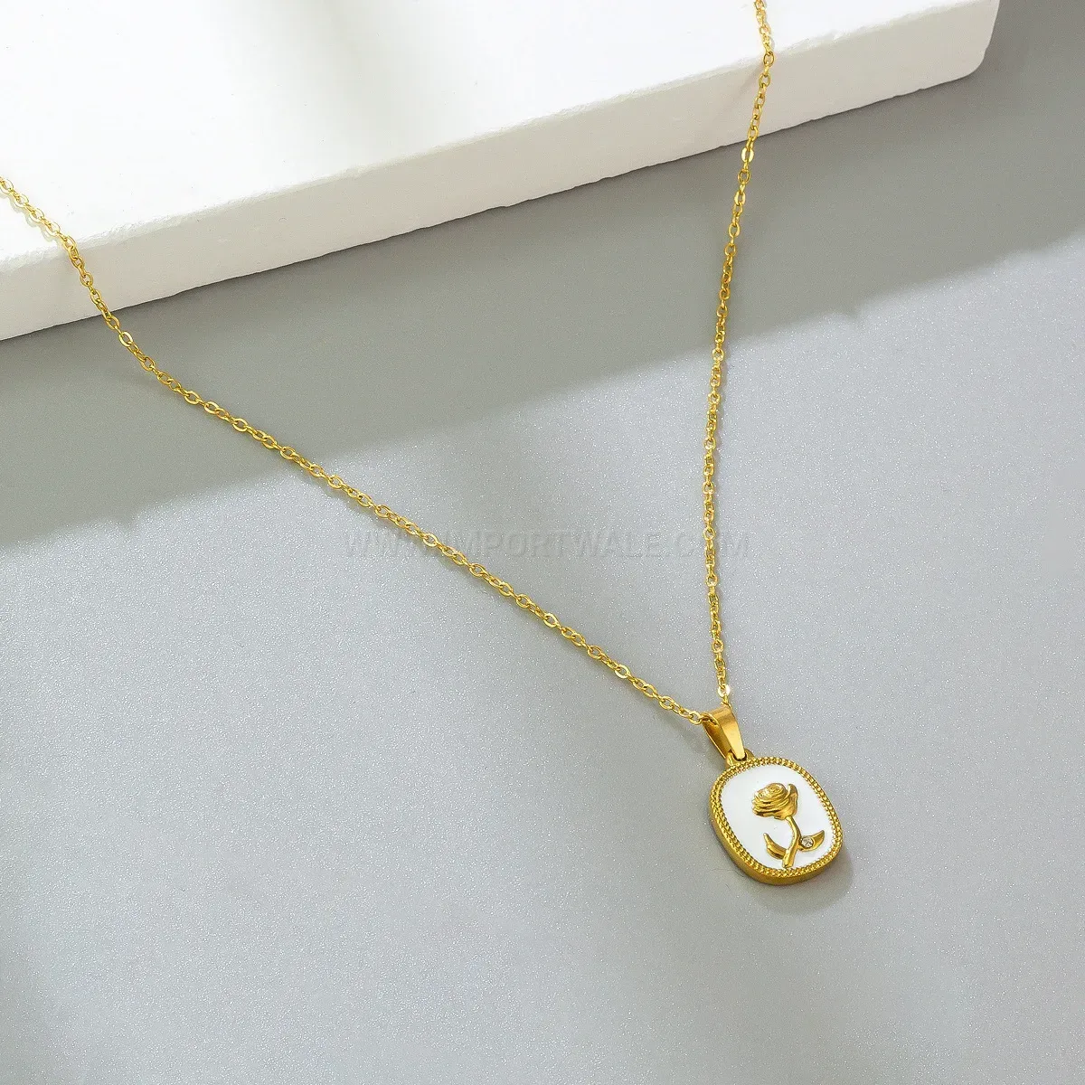 Chic Gold French Vintage White Enamel Rose Pendant Necklace