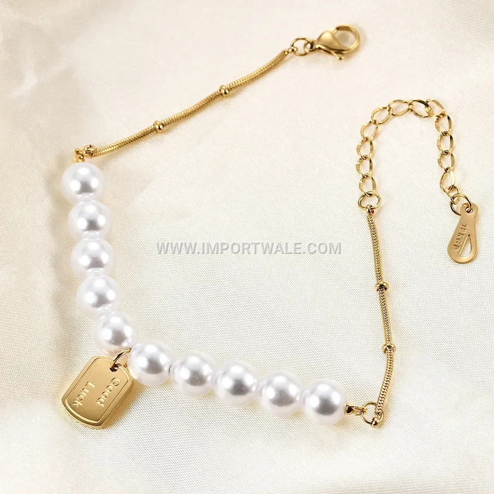 Good Luck Inscribed Faux Pearl Snake Chain Bracelet