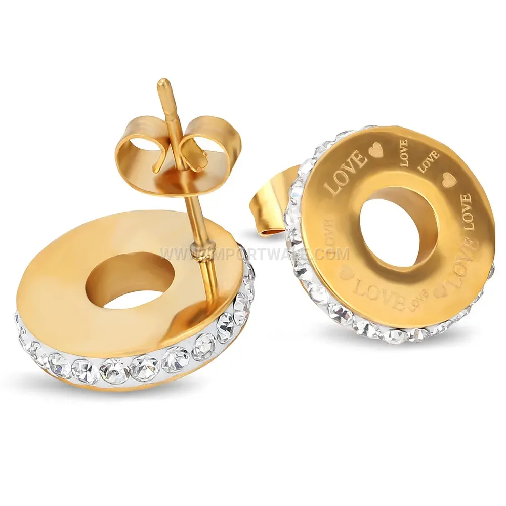 Gold Plated Stainless Steel Round Love Engraved Stud Earrings