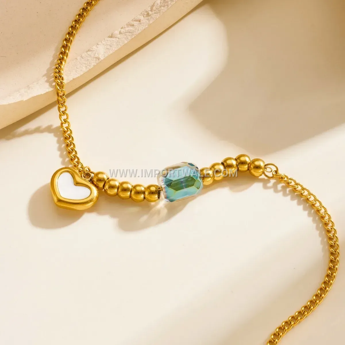 Pearl Accent Stainless Steel Heart Charm Anklet