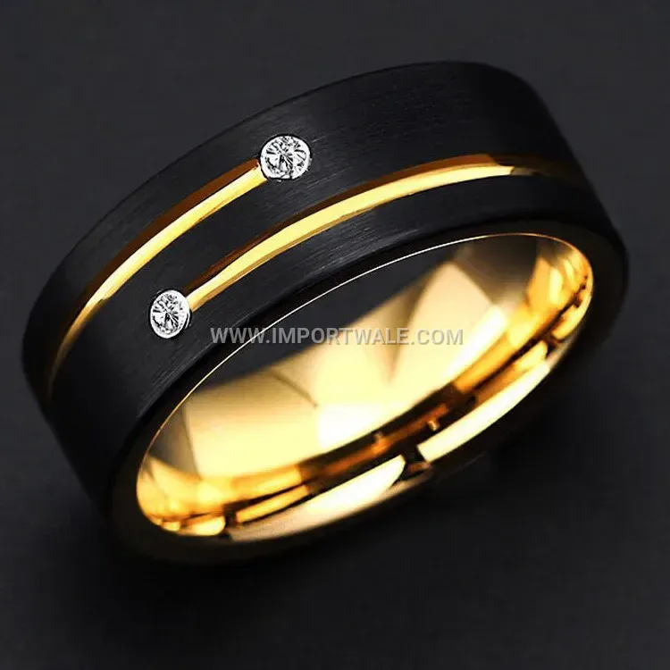 Two-Tone Black and Gold Grooved Crystal Ring