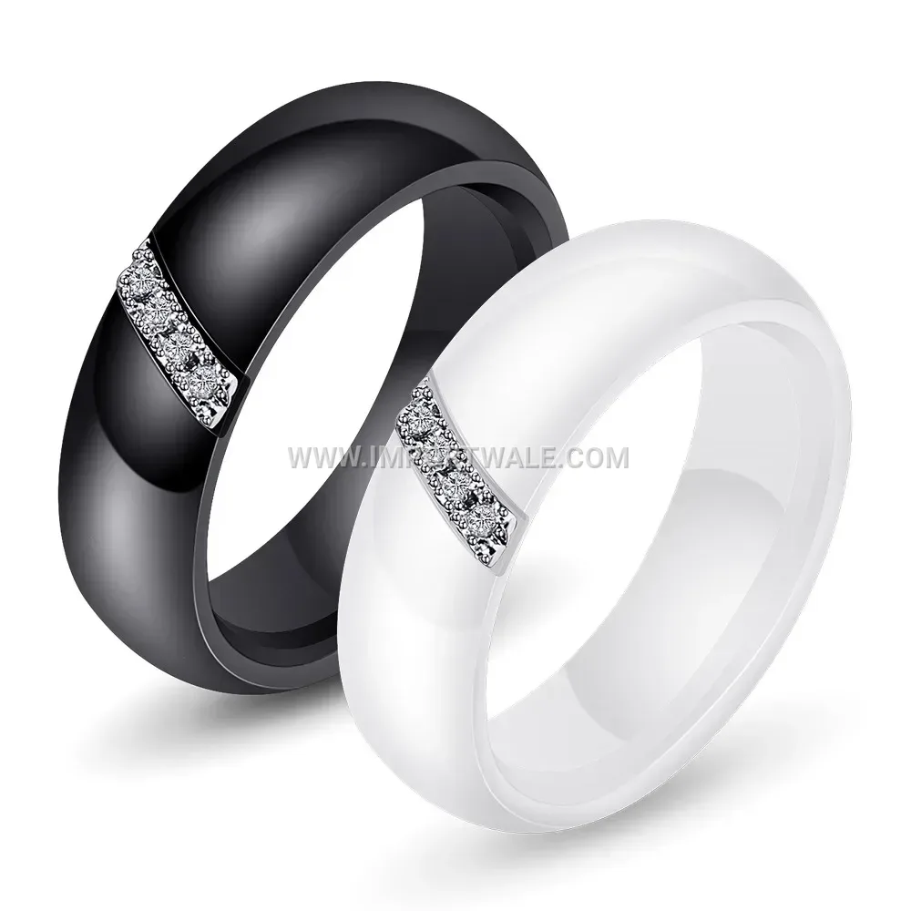Beveled Edge Ceramic Ring with Zircon Accent
