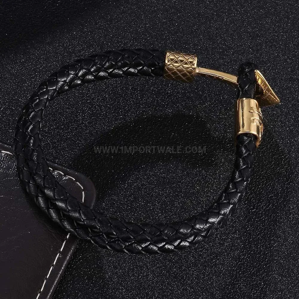 Braided Leather Wristband with Stainless Steel Anchor Clasp