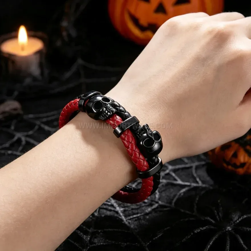 Chic Double Strand Braided Leather Skull Bracelet with Magnetic Clasp