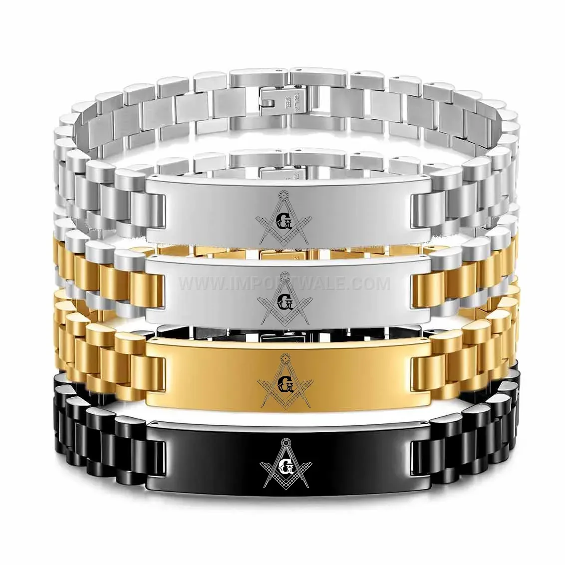 Men's Stainless Steel Masonic Curved Plate Watch Band Bracelet
