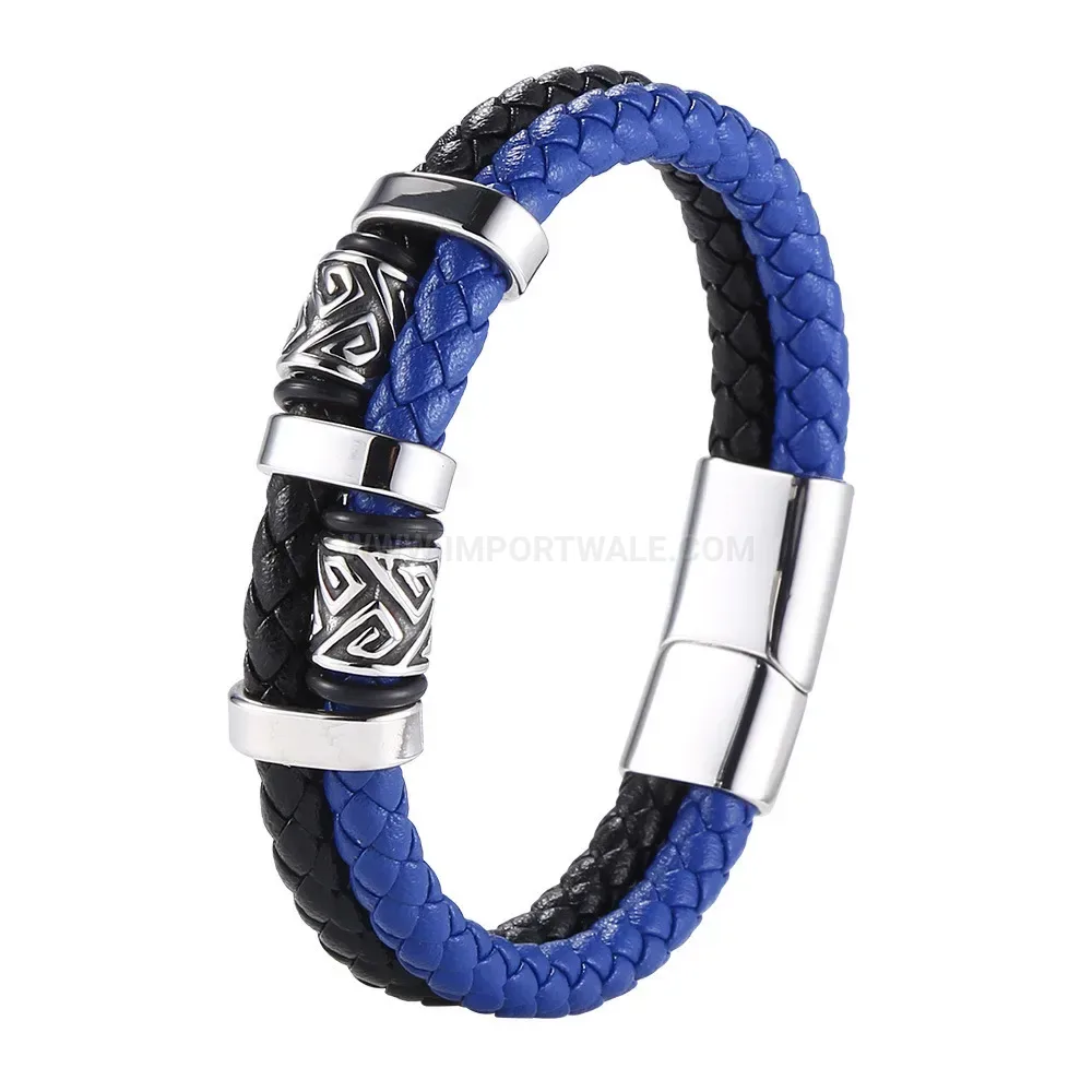 Two-Tone Braided Leather Strap Bracelet with Stainless Steel Details