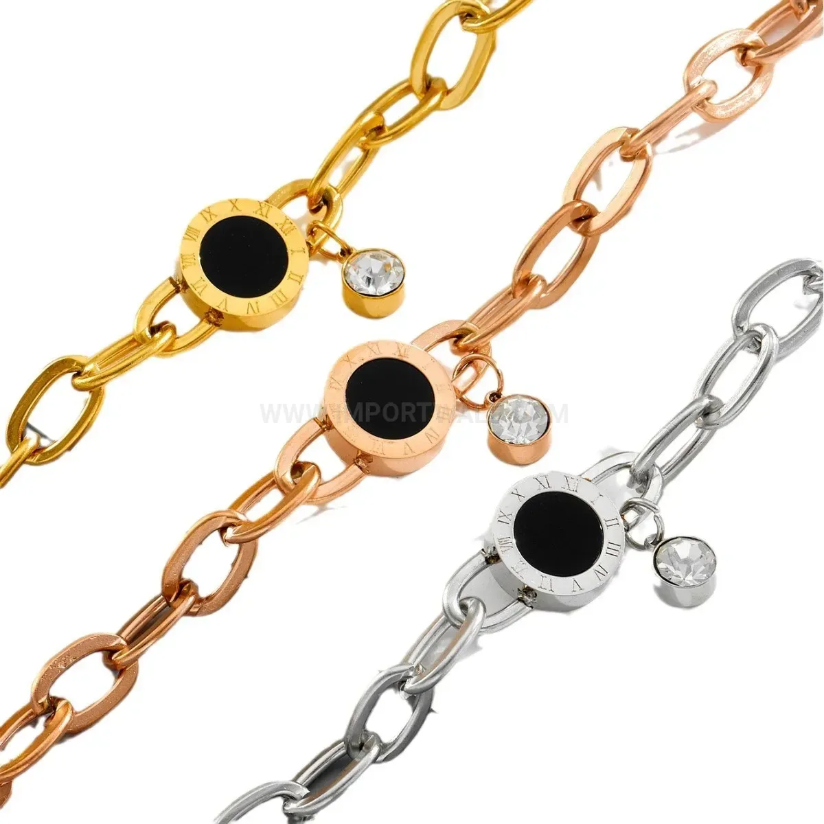 Designer Titanium Steel Four Leaf Clover Roman Numeral Charm Bracelet
