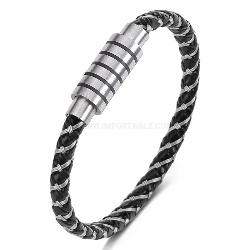 Trendy Handmade Braided Leather and Stainless Steel Wire Band Bracelet