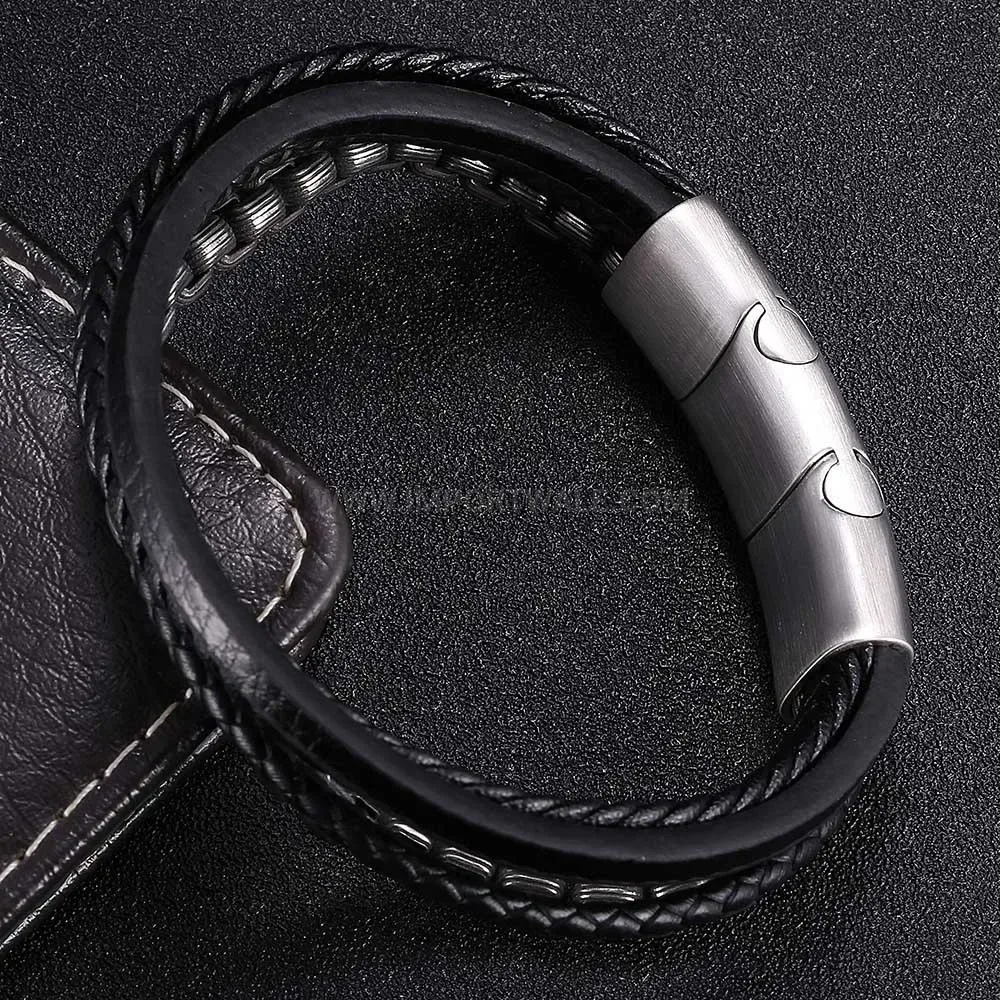 Braided Leather Layered Wristband with Plated Stainless Steel Clasp