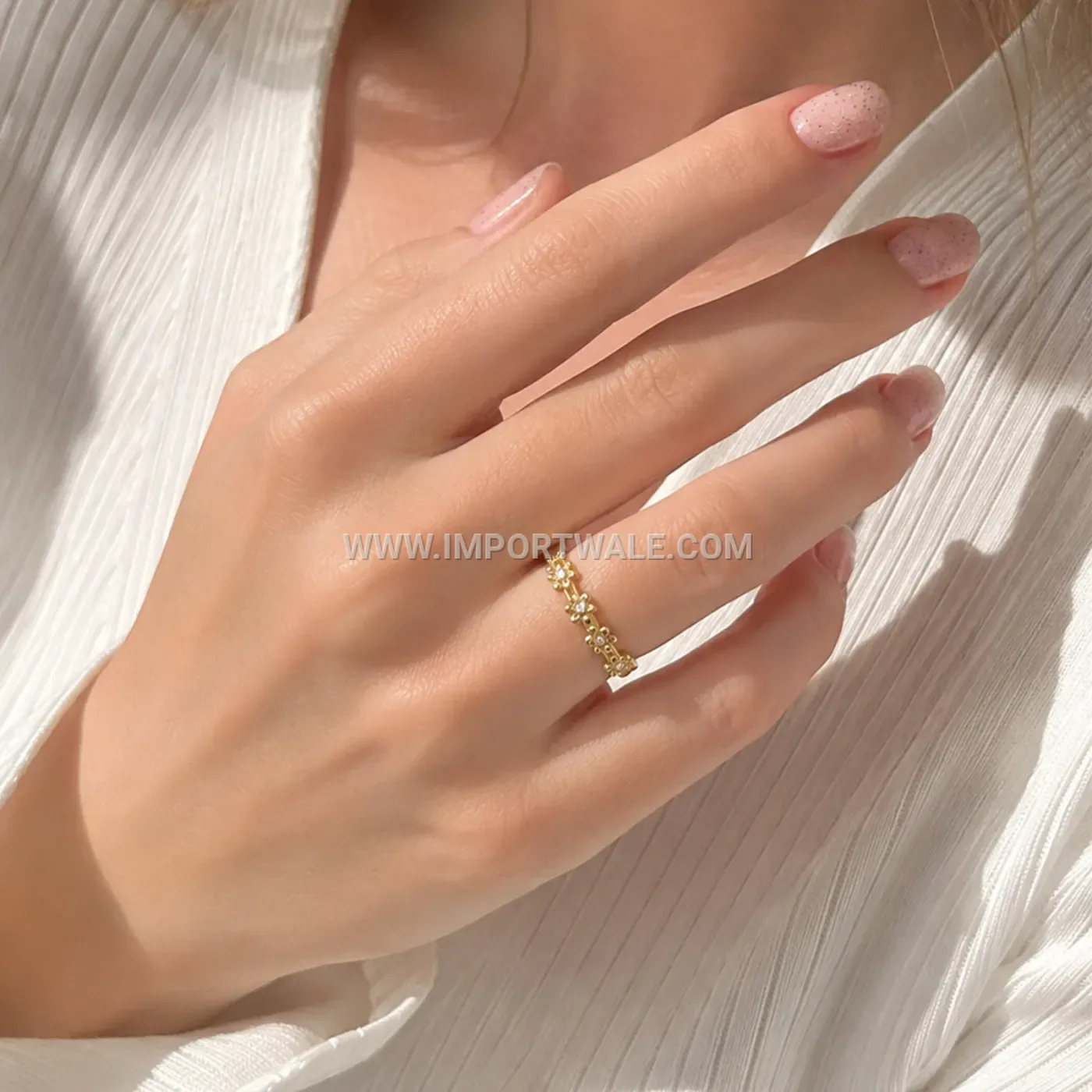 Adjustable Stainless Steel Floral Open Ring with Rhinestone Accents