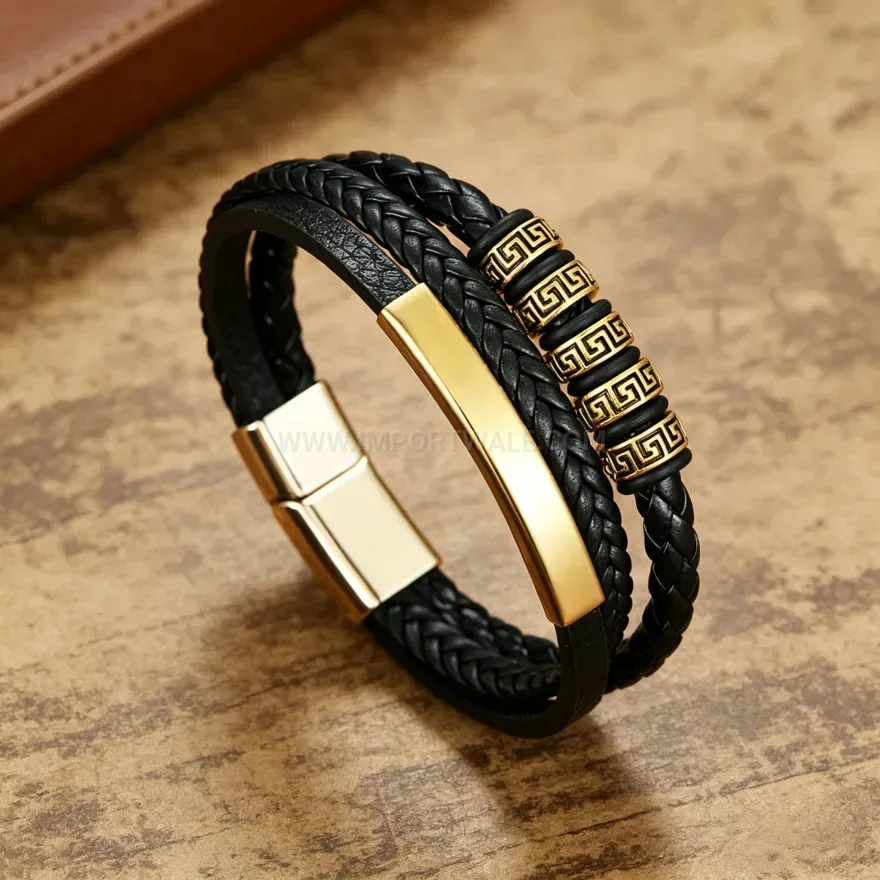 Modern Multi Layer Braided Leather Men's Bracelet with Magnetic Clasp