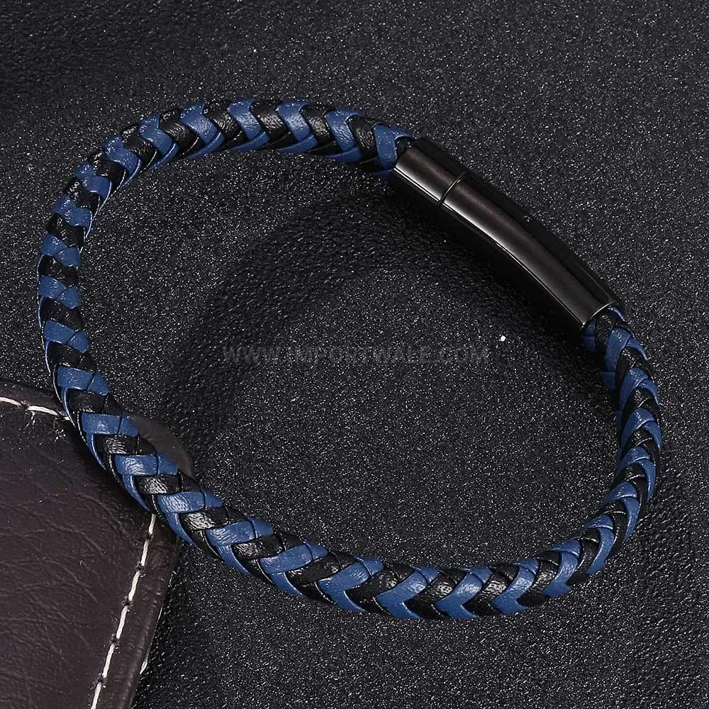 Braided Leather Cord Bracelet with Black Stainless Steel Clasp
