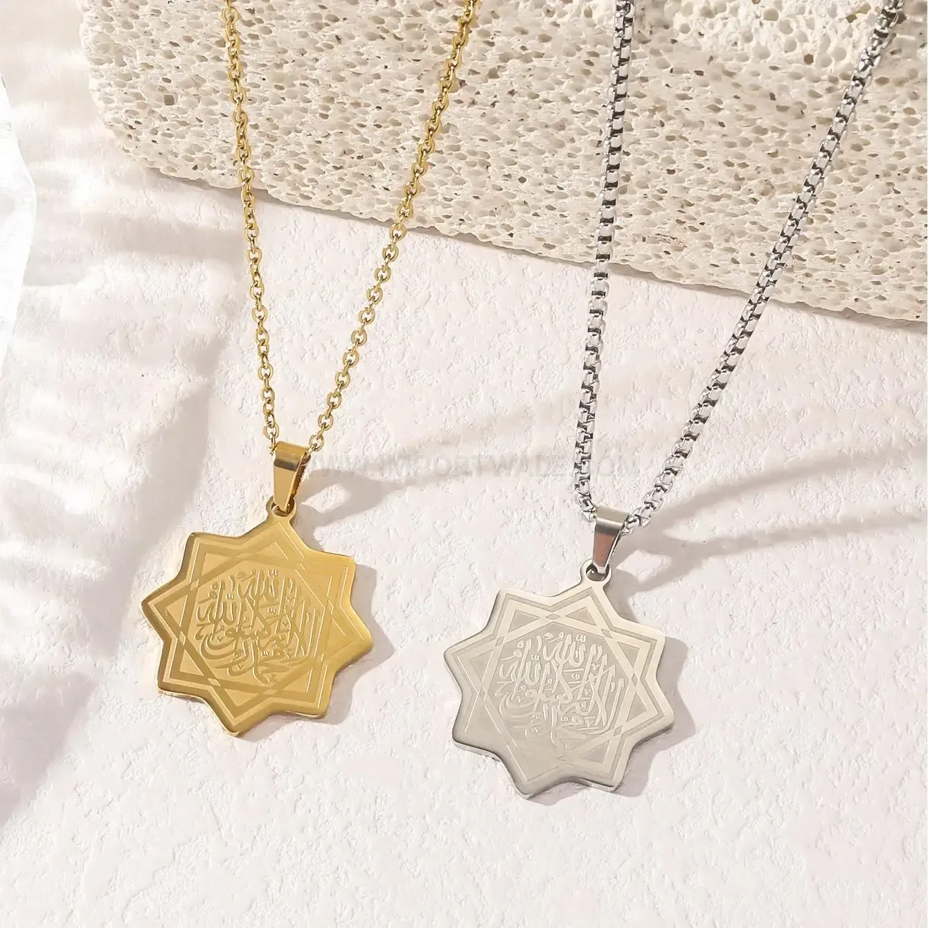 Elegant Stainless Steel Octagonal Star Shahada Pendant Islamic Necklace