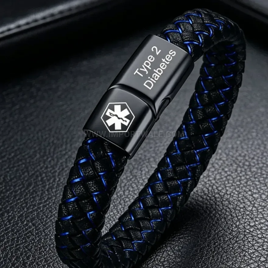 Bold Medical Alert Blue Leather Bracelet with Stainless Steel Magnetic Clasp