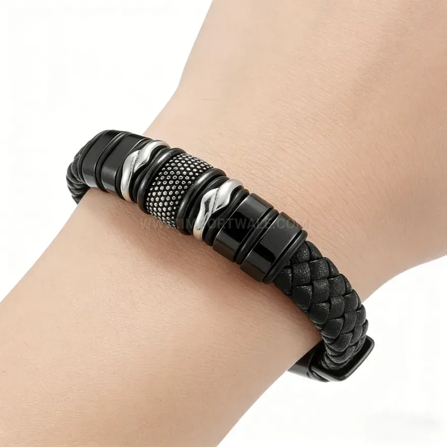 Designer Men Braided Leather Beaded Punk Bracelet with Magnetic Closure