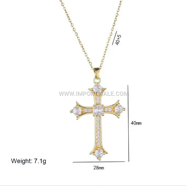 Zircon Studded Stainless Steel Cross Pendant Link Chain Necklace