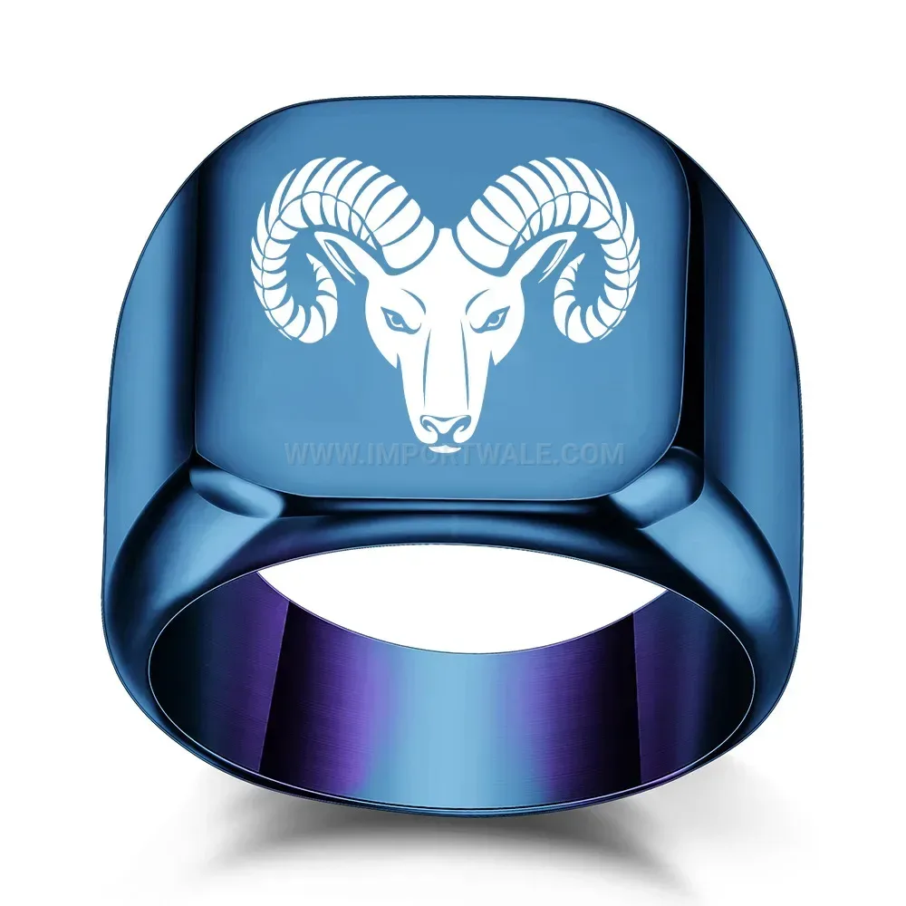 Chic Vintage Engraved Ram Head Stainless Steel Square Signet Ring