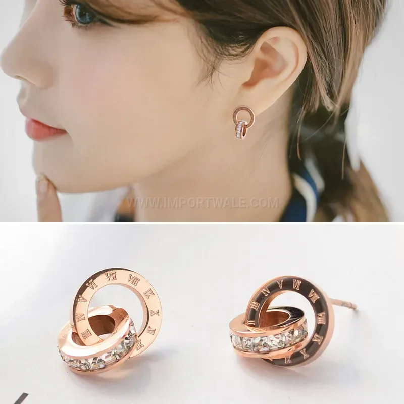 Rhinestone Double Ring Roman Titanium Steel Stud Earrings
