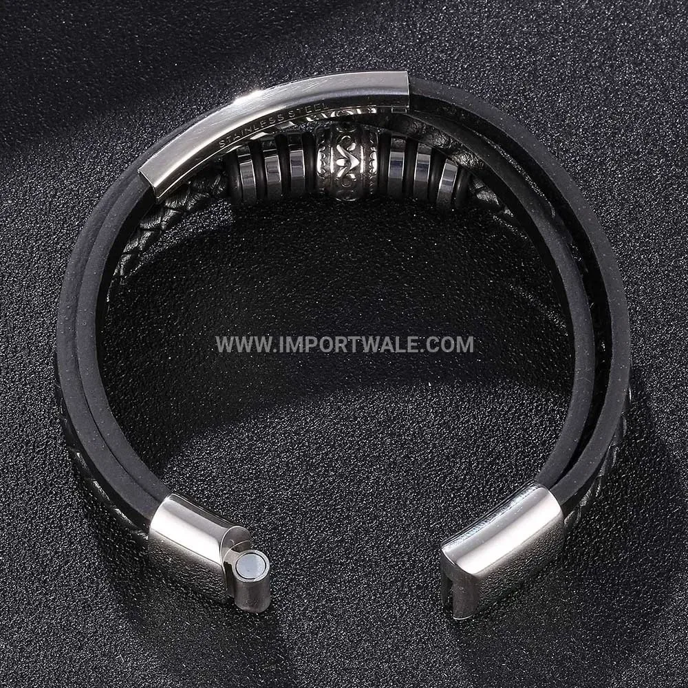 Multi Strand Woven Black Leather Wristband Stainless Steel Magnetic Buckle