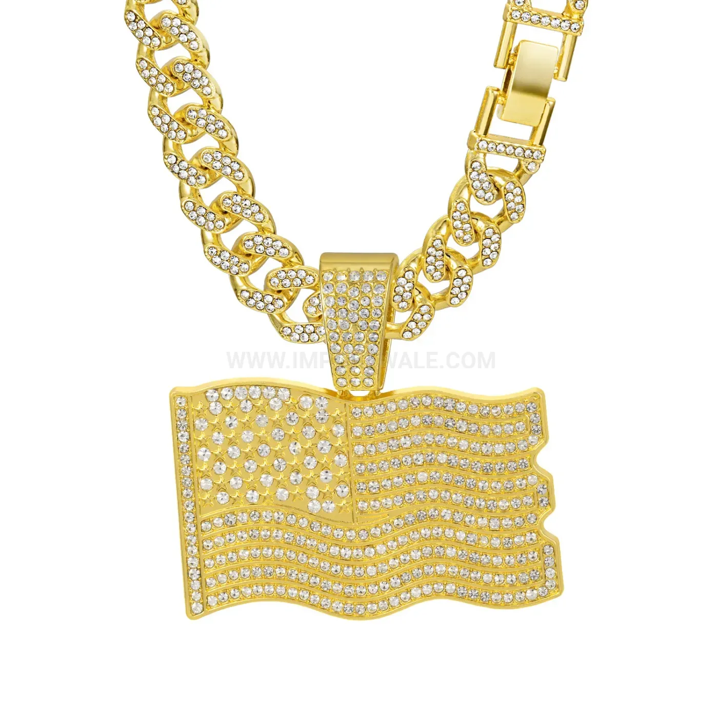 Stylish Iced Out US Flag Star Pendant Cuban Chain Necklace