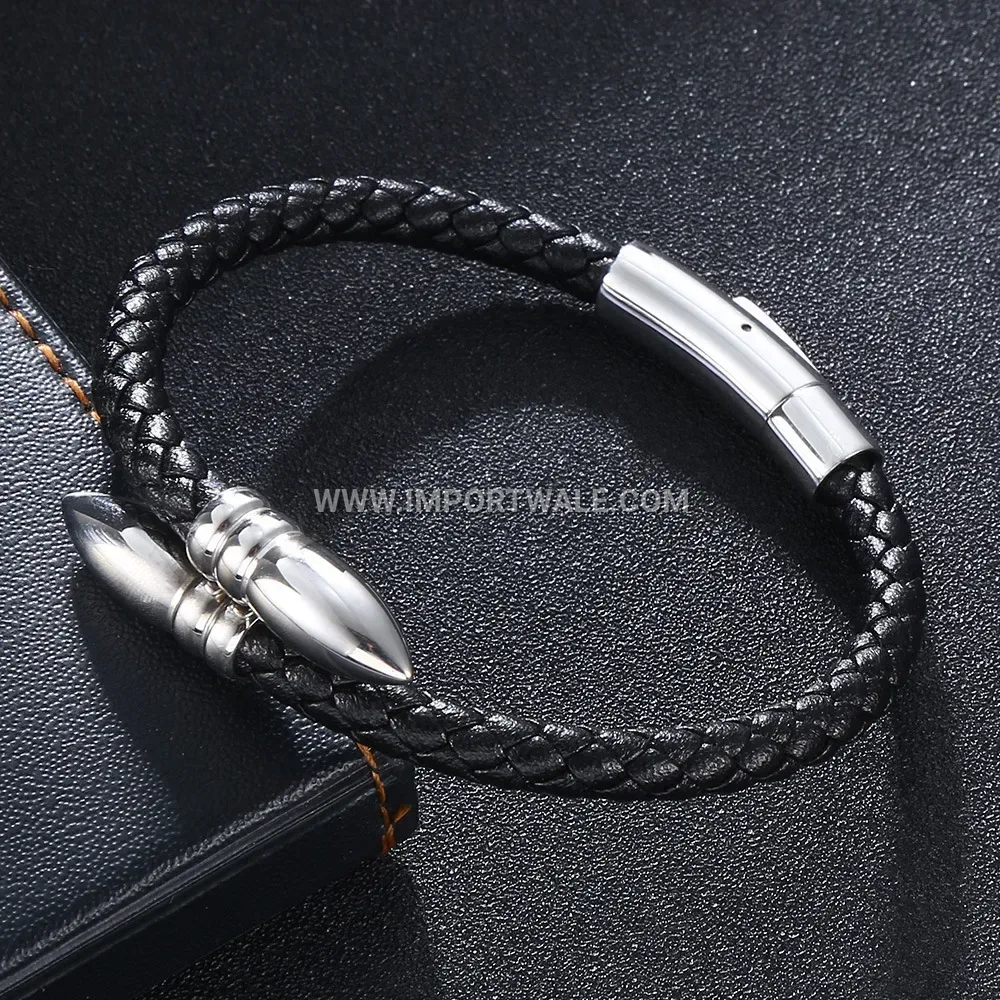 Woven Leather Bracelet with Stainless Steel Bullet Accent