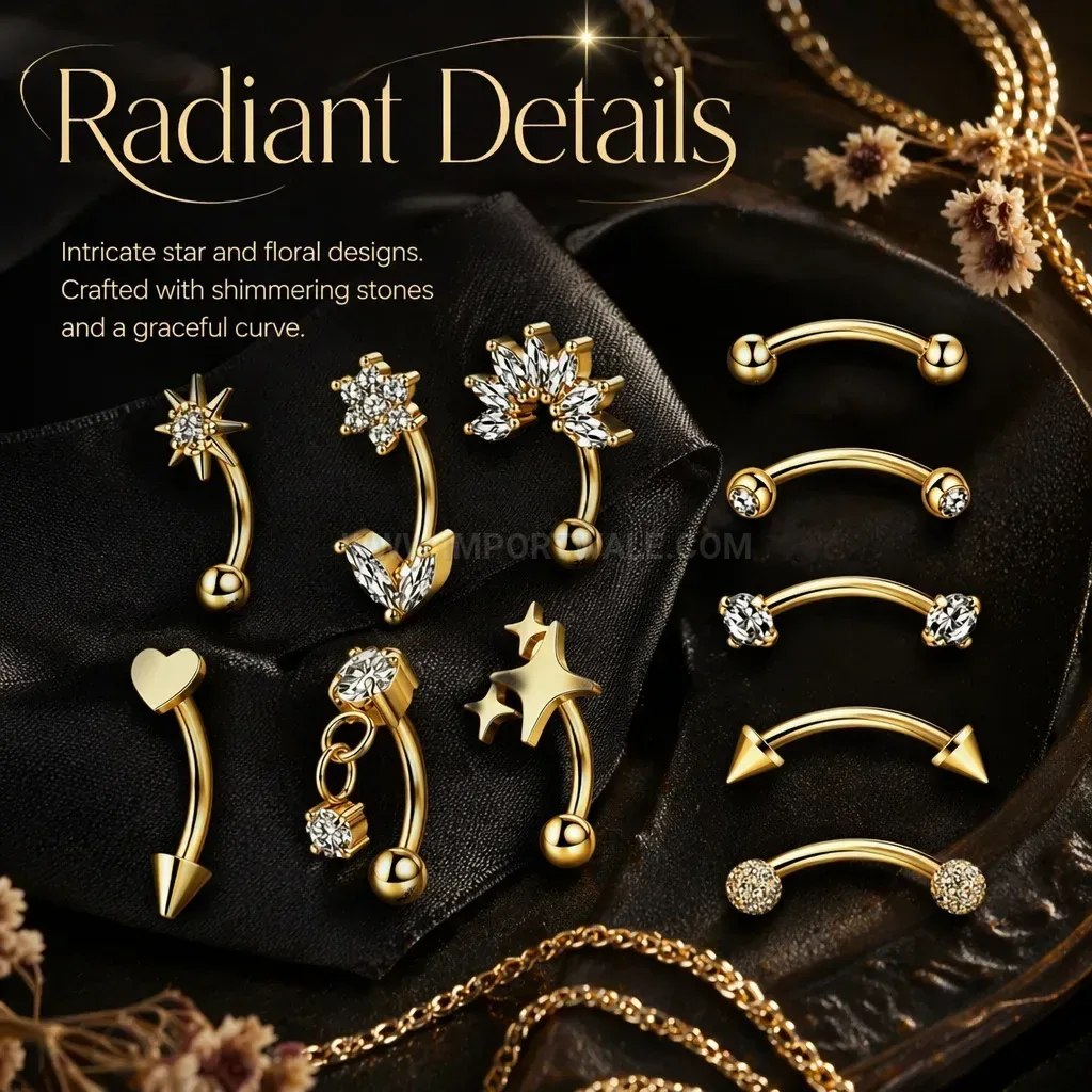 Designer Zircon Star and Heart Curved Barbell Piercing Studs Set