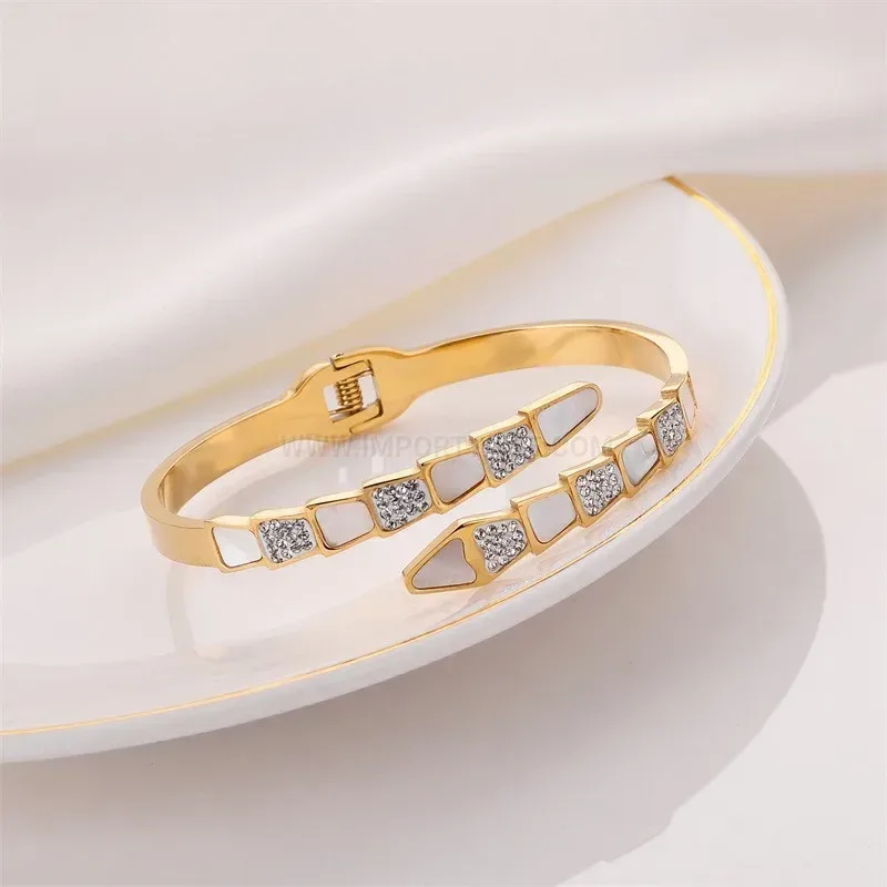 Classic White Shell and Rhinestone Titanium Steel Open Cuff Bangle