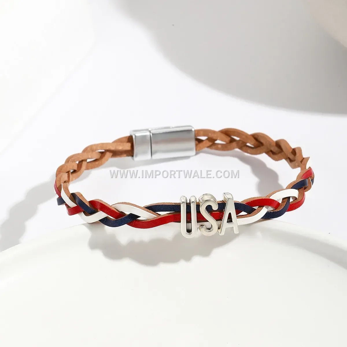 Braided Faux Leather Flag Bracelet With Alloy Accents