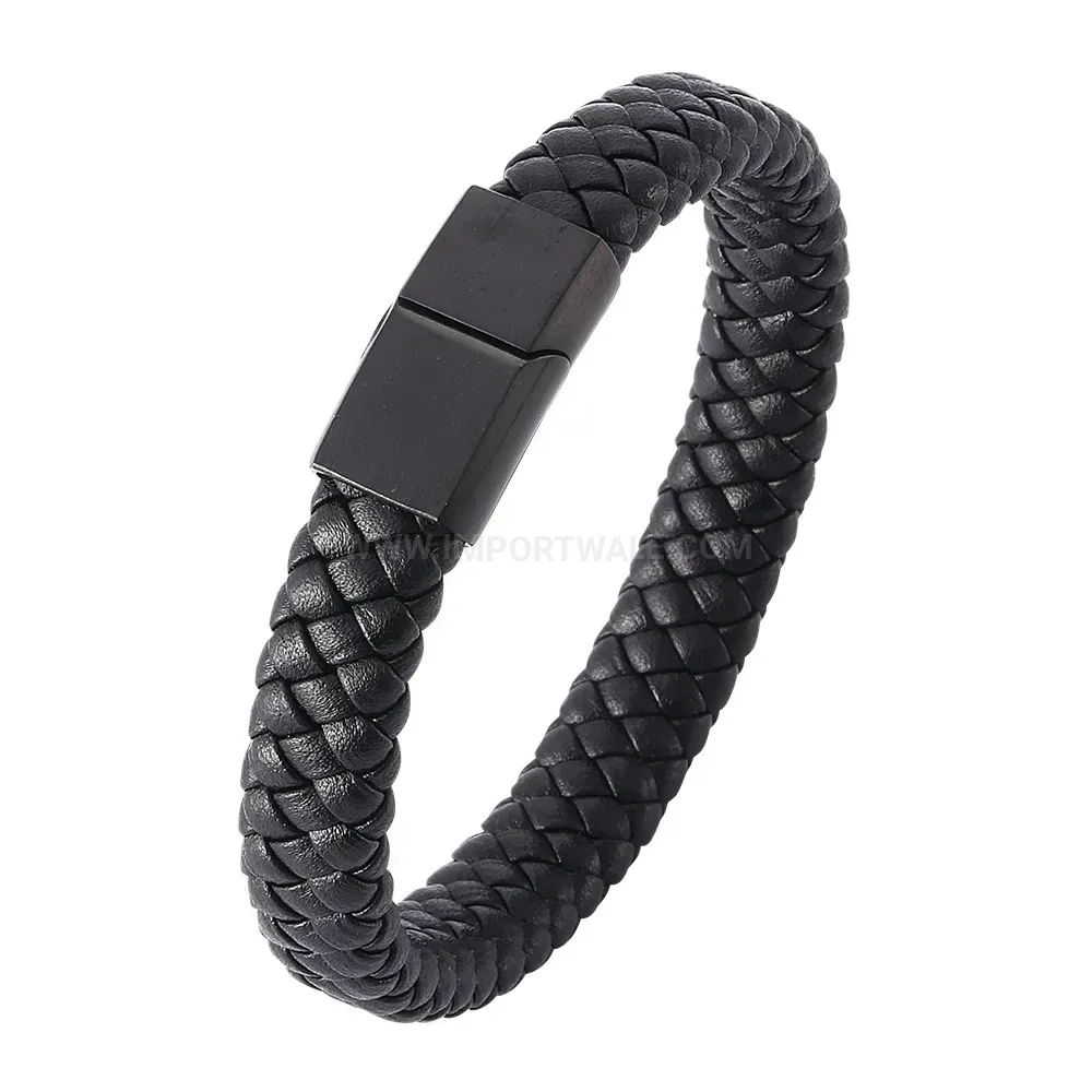 Brushed Stainless Steel Magnetic Braided Leather Bracelet