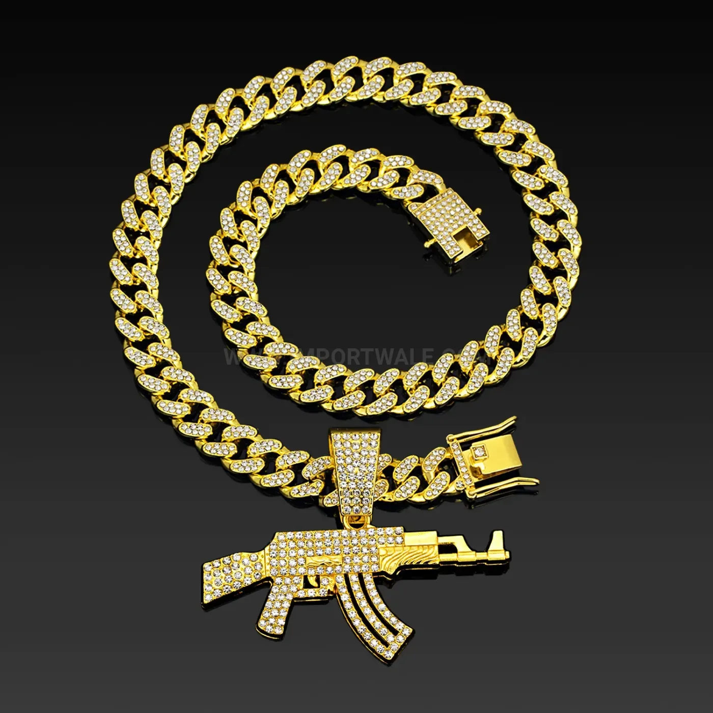 Rhinestone AK47 Rifle Pendant Hip Hop Cuban Chain Necklace