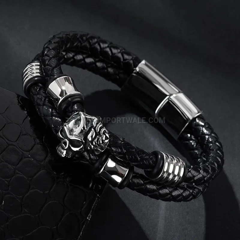 Bold Stainless Steel Rose Skull Beaded Genuine Leather Bracelet Accent