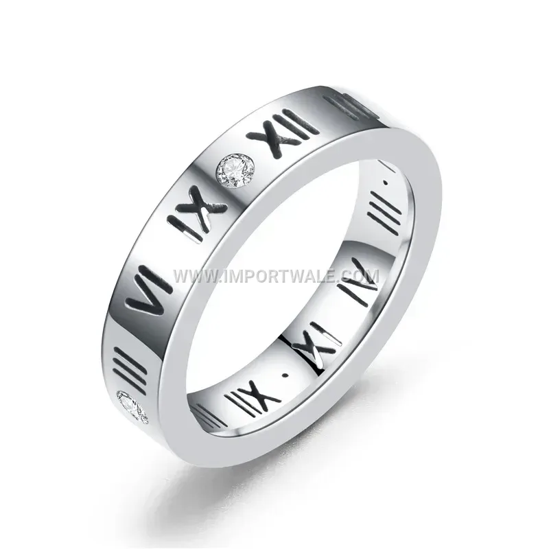 Stainless Steel Roman Numeral Crystal Inlaid Band Ring