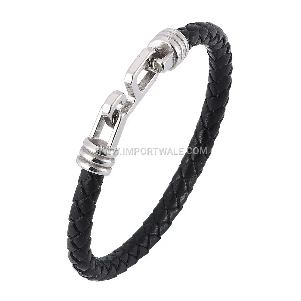 Men's Single Strand Leather Stainless Steel Snap Buckle Bracelet