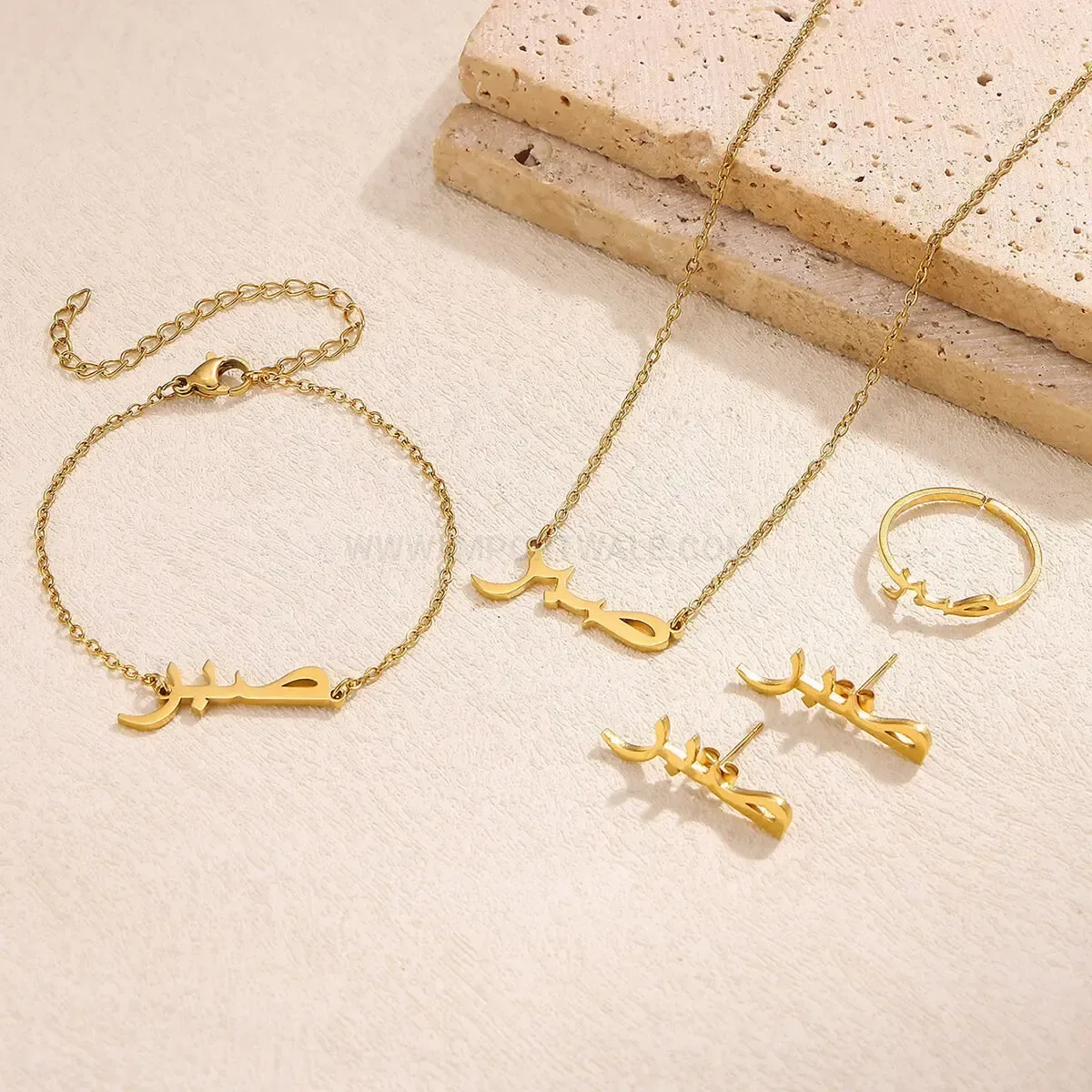 Fashion Waterproof Gold Plated Stainless Steel Arabic Sabr Script Jewelry Set