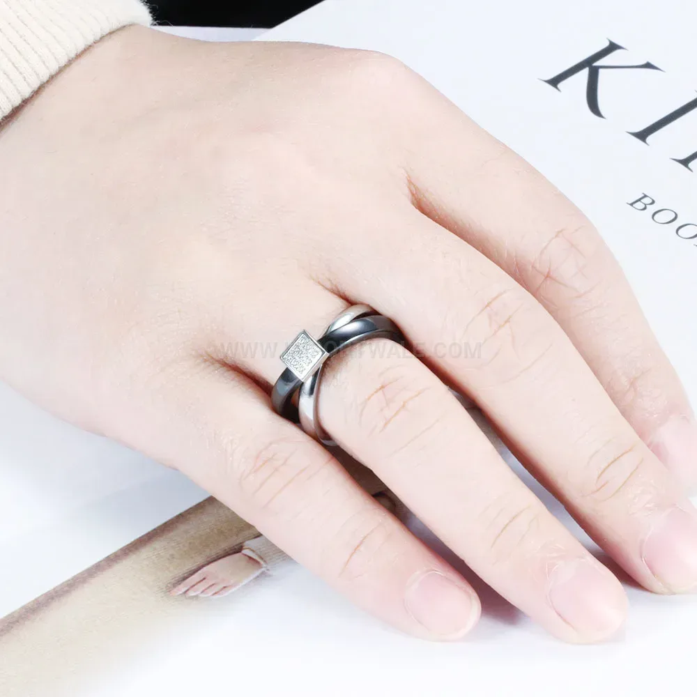 Crossed Black Ceramic and Stainless Steel Zircon Ring