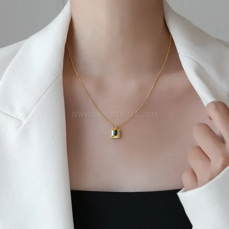 Stylish Titanium Steel Geometric Square Tag Necklace with Green Zircon Pendant