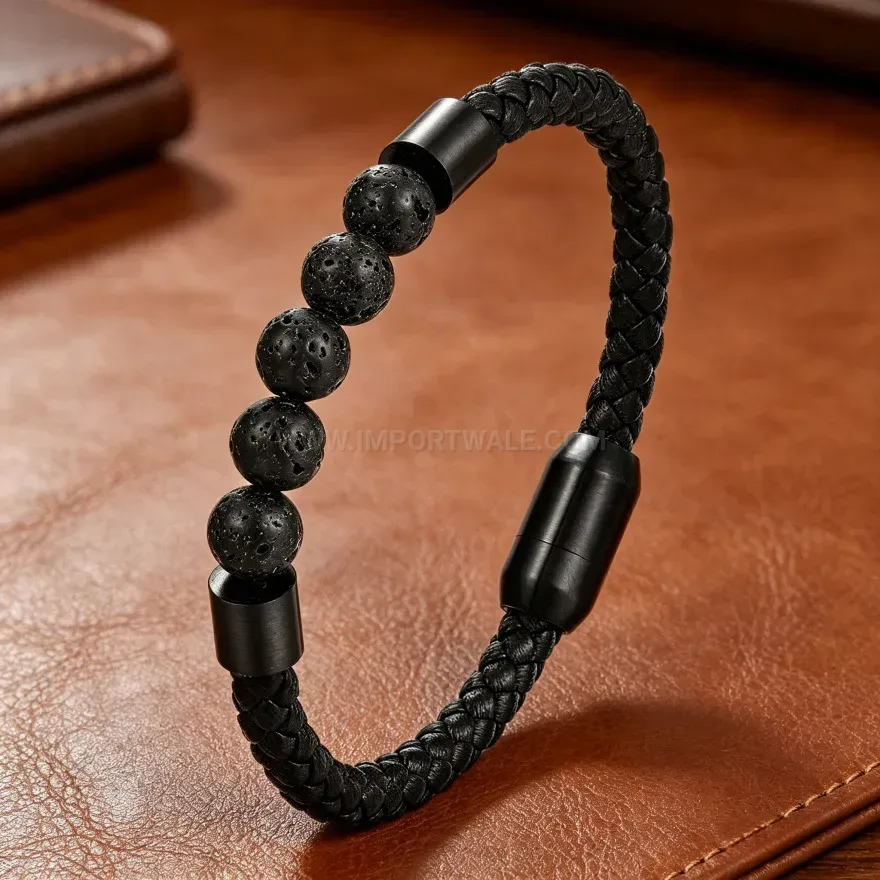 Bold Natural Volcanic Stone Braided Leather Bracelet with Magnetic Clasp