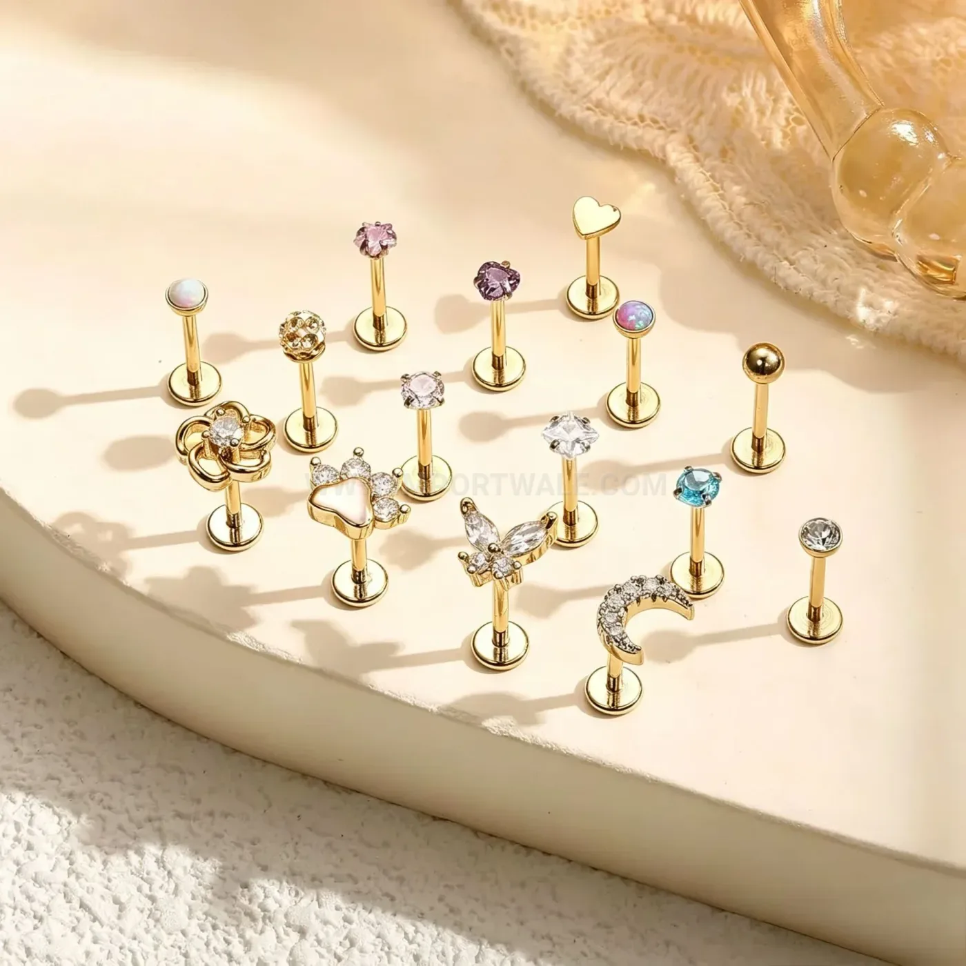 Chic Flat Back Stainless Steel Colorful Stone Labret Piercing Set