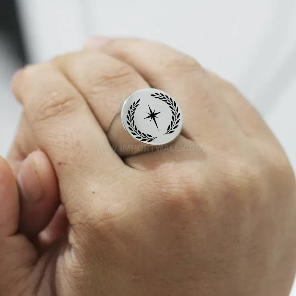 Designer Laser Engraved Stainless Steel Leaf Star Round Ring