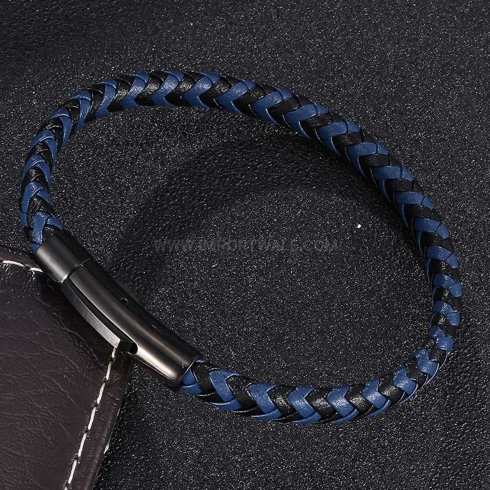 Braided Leather Cord Bracelet with Black Stainless Steel Clasp