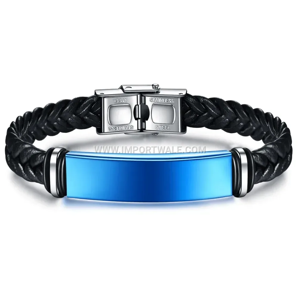Braided Leather and Stainless Steel Bangle Bracelet