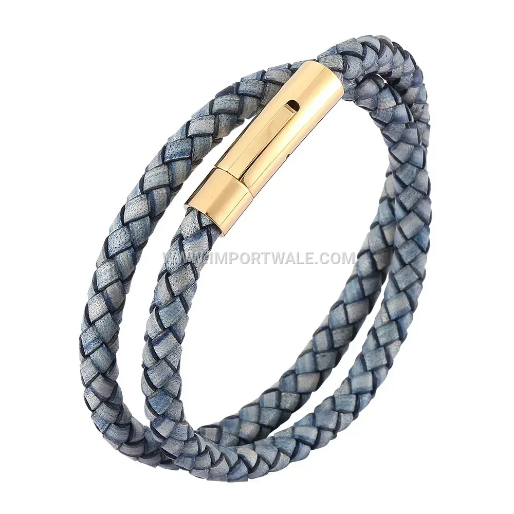 Double Wrap Vintage Leather Stainless Steel Gold Accented Cuff Bracelet