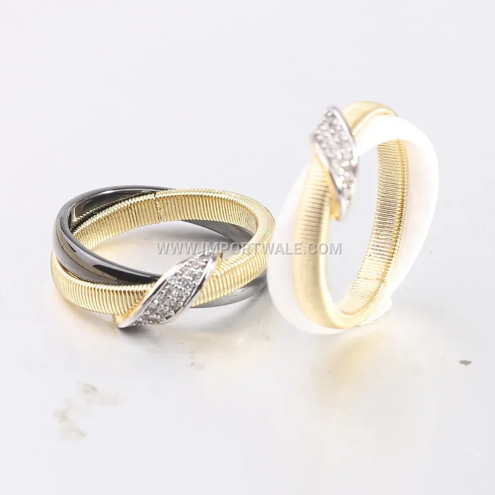 Diagonal Rhinestone Gold Plated Ceramic Ring