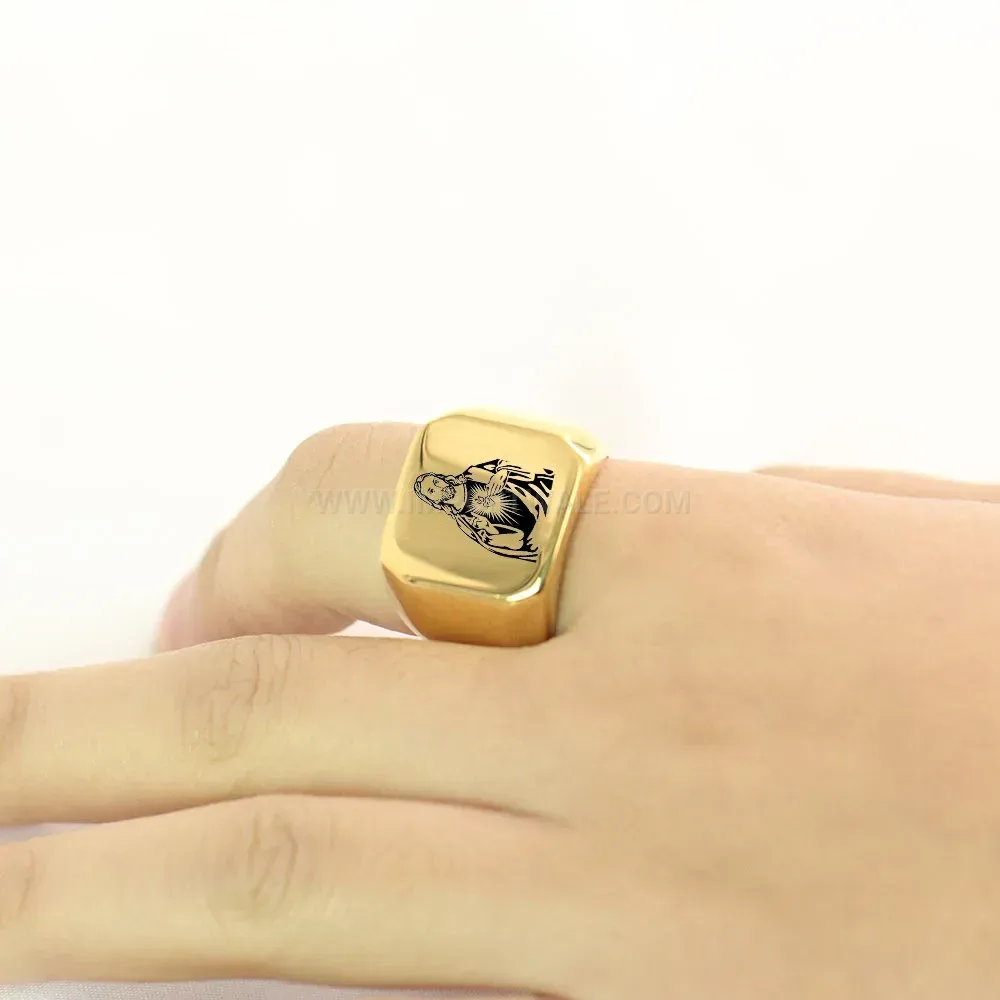 Modern Laser Engraved Guardian Angel Stainless Steel Signet Ring